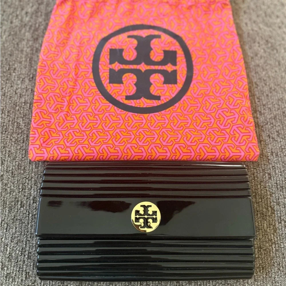 Tory Burch Black Patent Card Holder with Gold Logo Accent